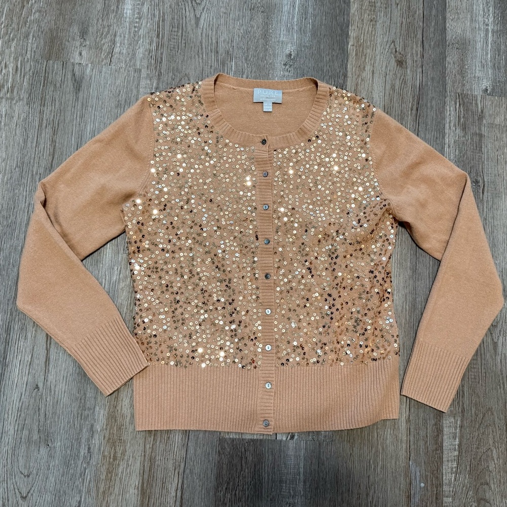 Pure Collection 100% Cashmere Sequin Cardigan Sweater – Camel/Tan | Size US 8–10